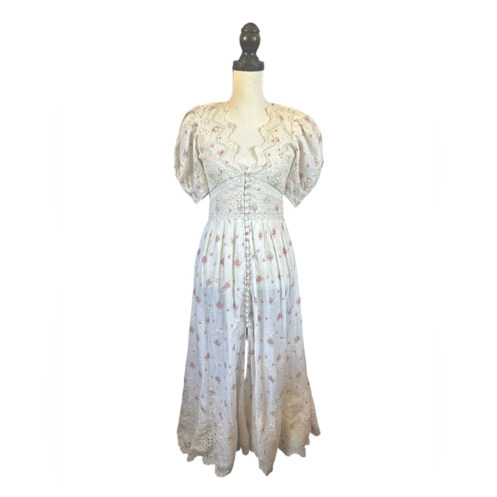 LoveShackFancy Stacy Floral Print Broderie Cotton Maxi Dress Cottagecore Size 0